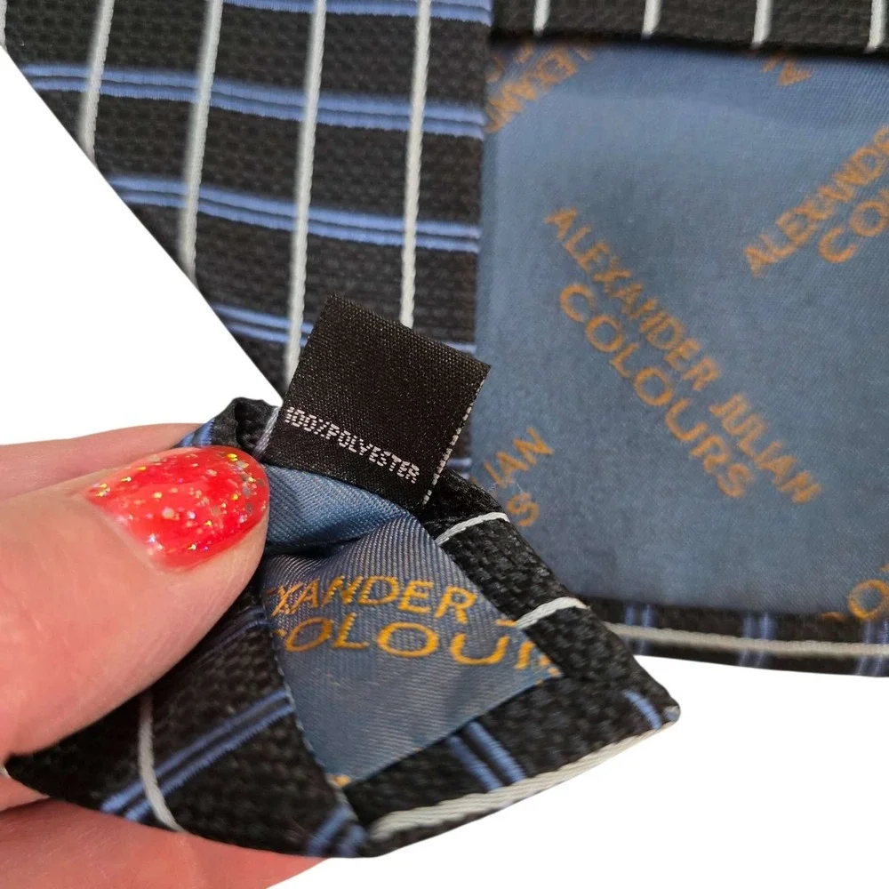 ALEXANDER‎ JULIAN Colours Mens Silk Blend Tie Black Blue Plaid Pattern Business